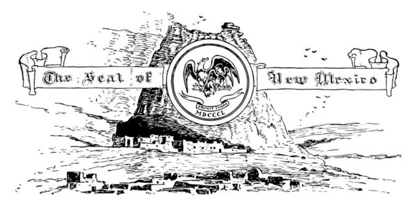 The United States seal of New Mexico, this seal has mountains and flying birds in background, it also has circle in center, in that two eagles holding arrows and branch of tree, vintage line drawing or engraving illustration