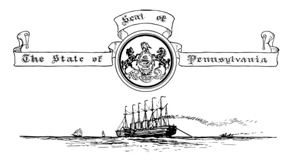 美国的宾夕法尼亚印章 这个印章有船和海的背景 它有两匹马周围的盾牌 盾牌有船 犁和三捆 鹰在盾牌之上 复古线画或雕刻插图 — 图库矢量图片