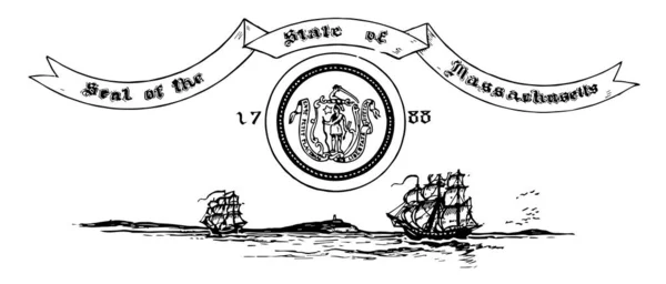 1788年 美国的马萨诸塞州印章 这封印显示一个美国人与弓和箭 明星靠近他的头 在盾牌上方一个弯曲的手臂拿着剑 在海上与帆船 老式线画或雕刻插图 — 图库矢量图片