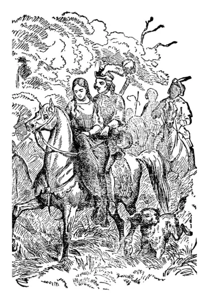 男性と女性が一緒に馬に乗って 彼女を見下ろし その背後にある他の馬のライダー ビンテージ ライン描画または彫刻の図 — ストックベクタ