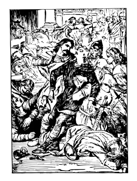 ハムレットの死 このシーンは男と地面 ビンテージの線描画や彫刻イラストに手 ガラスに彼の死体を持って兵士の死を示しています — ストックベクタ
