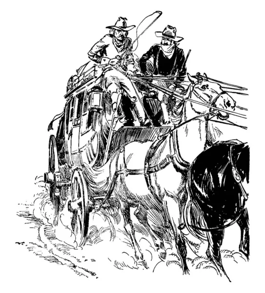 Dos Personas Carro Tirado Por Caballos Dibujo Línea Vintage Ilustración — Vector de stock