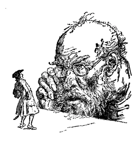 格列佛与巨人 这个场景显示一个巨人看着他的眼镜 复古线条画或雕刻插图的小男人密切 — 图库矢量图片