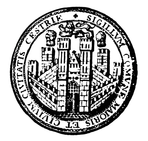 英国切斯特市的印章是圆形的 城堡顶上有一只狮子 在海豹上很少提到 这些字是 Sigillvm Comvne 马约里斯德西玛 Civivm Civitatis Cestrie — 图库矢量图片