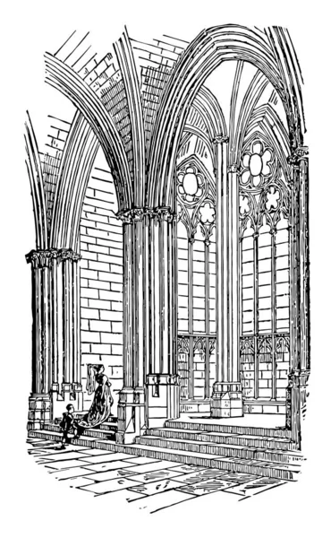 唱诗班教堂 14世纪 曼提斯大教堂 避难所 复古线图画或雕刻插图 — 图库矢量图片