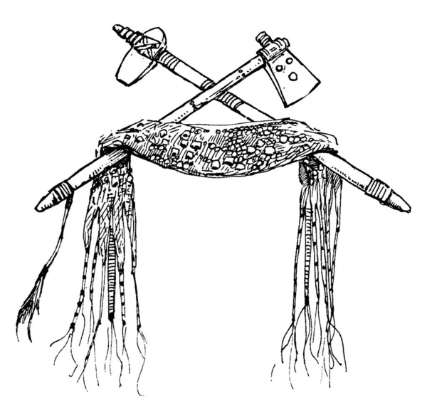 此插图代表美洲原住民使用的两只战斧 复古线条绘制或雕刻插图 — 图库矢量图片