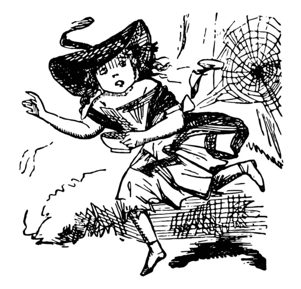 Muffett このシーンはクモの巣 ビンテージの線描画や彫刻イラストから逃げる少女を示しています — ストックベクタ
