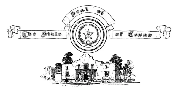 美国封印得克萨斯 这个封印有圈子在中间与五点星里面盖着橄榄色和活橡木分支和在之下那 Alamo 复古线图画或雕刻例证 — 图库矢量图片