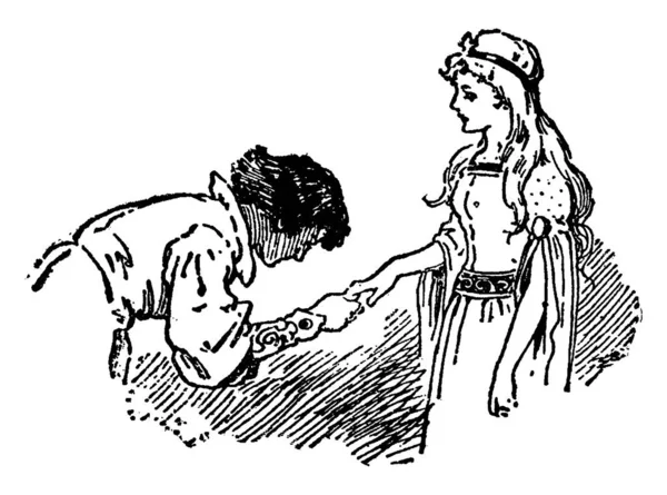 ダンサー ひれ伏している男の子とダンス ビンテージの線描画や彫刻イラストを求めて彼の隣に立っている女の子の手を握ってこのシーンを示しています — ストックベクタ