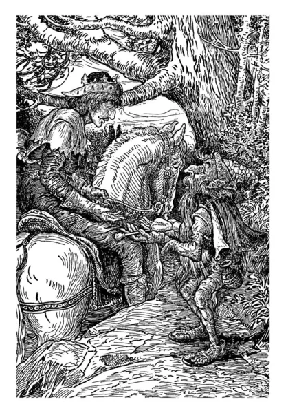 Чоловік Їде Коні Розмовляє Маленьким Старим Стоїть Біля Дерева Вінтажний — стоковий вектор