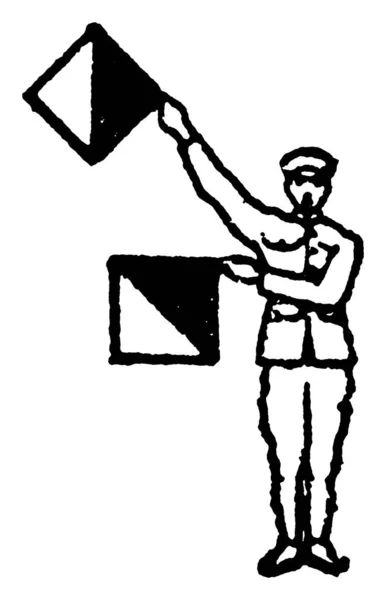标志信号的字母 和一个讯问 一个人持有两个旗帜在右侧 右手旗135度向上 左一是在90度 复古线条画或雕刻插图 — 图库矢量图片