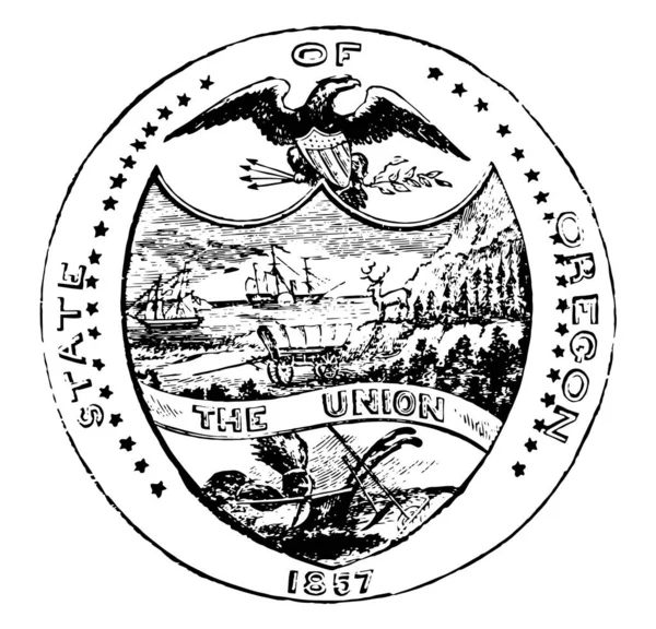 美国俄勒冈州的官方印章在 1889年 这个圆圈形状印章有鹰在顶部和盾有船 盖旅行车 捆和镐 工会是写在印章 复古线条画或雕刻插图 — 图库矢量图片
