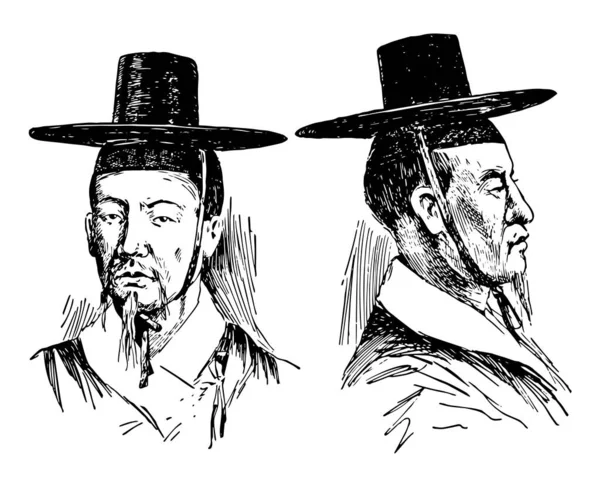 Koreanische Hüte Die Einen Mann Tragen Vintage Linienzeichnung Oder Gravurillustration — Stockvektor