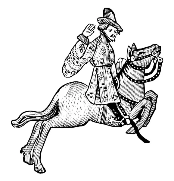 这张图片显示商人骑在马和举起右手 复古线条画或雕刻插图 — 图库矢量图片