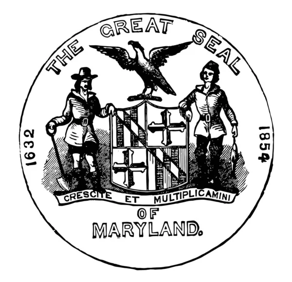 1889 年に米国メリーランド州の公式のシール このサークル形状のシールは 農家の人や漁師の盾 その上に広がり翼 ビンテージの線描画や彫刻イラスト ワシをサポート — ストックベクタ