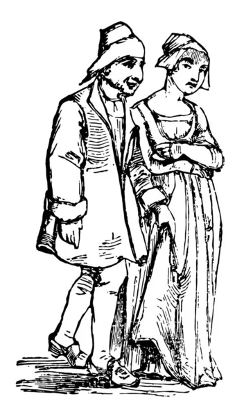 Muž Žena Nosí Šaty Šestnáctém Století Vintage Kreslení Čar Nebo — Stockový vektor