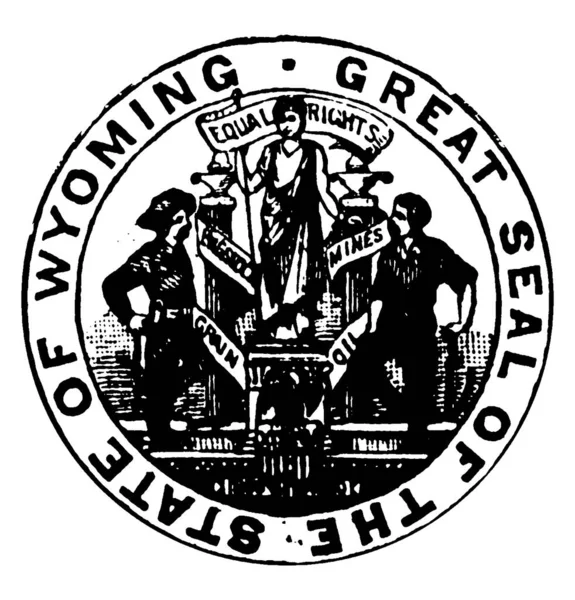 1913 怀俄明州的印章 这个圆圈形状印章有两个人在雕像的两侧 鹰和盾牌带条 平等权利是写在印章 复古线条画或雕刻插图 — 图库矢量图片