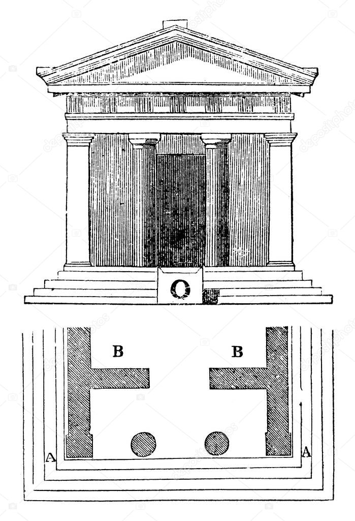 Threshold with the ancients, an object of superstitious reverence,  the worshipper,  right foot on the bottom step, vintage line drawing or engraving illustration.