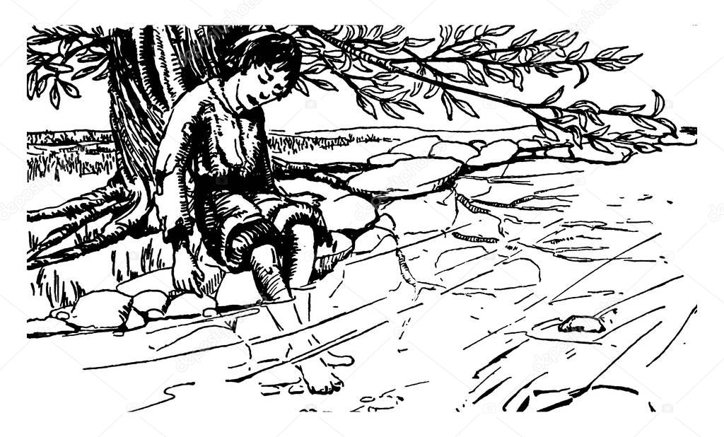 A boy sitting under tree and kept both legs in the water, vintage line drawing or engraving illustration