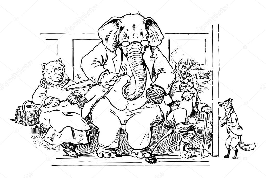 An elephant sitting in between lion and bear and holding umbrella, an elephant kept leg on tail of lion, one animal looking at them, vintage line drawing or engraving illustration