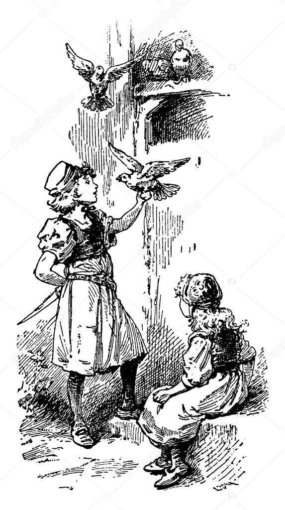 Gerda and Kay, this scene shows a bird sitting on girl's hand and another girl is sitting and looking at her, three birds in background, vintage line drawing or engraving illustration