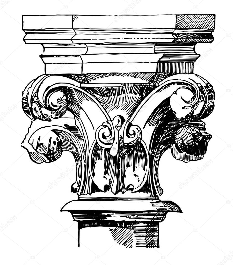 Capital, hint,  Arch, Titus, Ionic, volutes, vintage line drawing or engraving illustration.