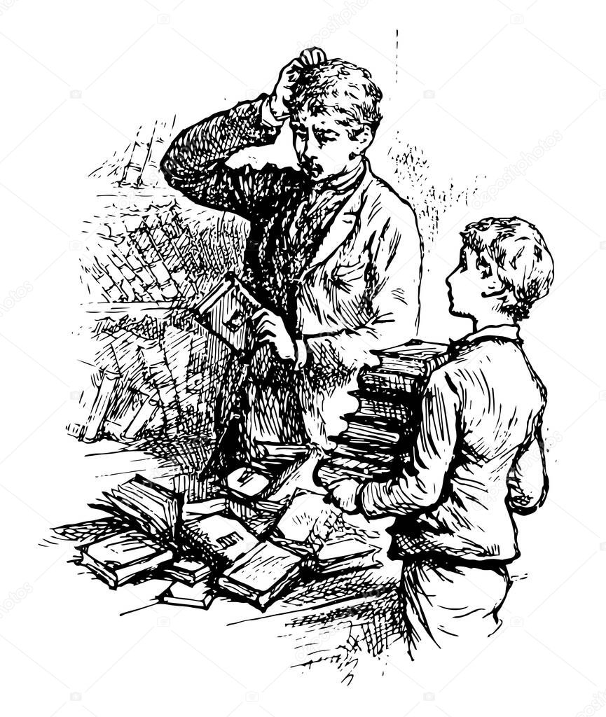 Library or collection sources of information, similar resources, vintage line drawing or engraving illustration.