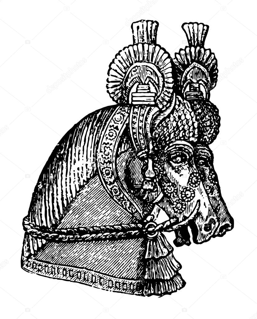 Horse Headwear shows an ornamental headdress worn by a horse, vintage line drawing or engraving illustration.