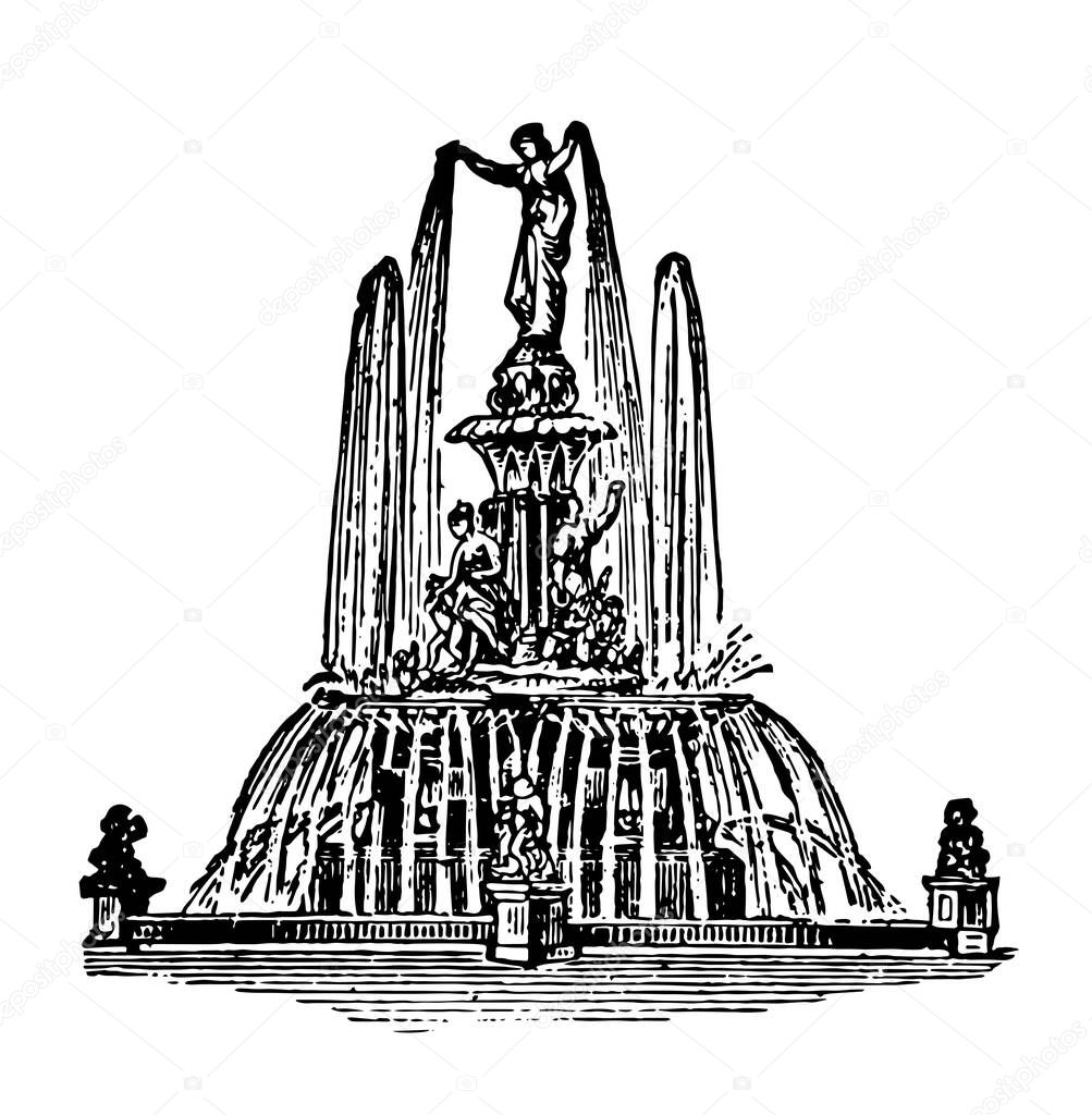 Fountain is an artificial basin containing water, basin or jets, air to supply drinking water, vintage line drawing or engraving illustration.