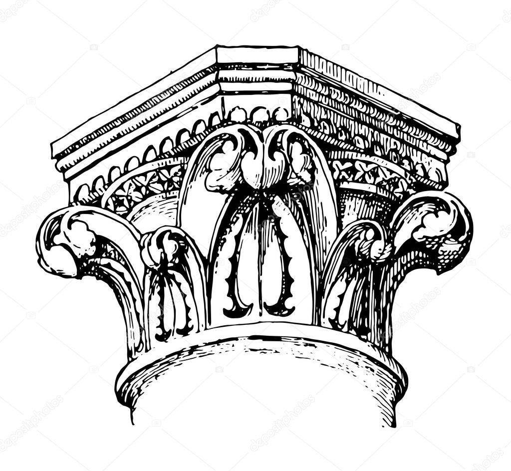 Capital, Canterbury, Cathedral, archaic, Temple, Artemis, Ephesus, vintage line drawing or engraving illustration.