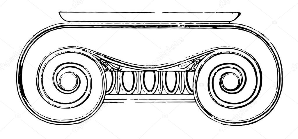 Ionic Capital,  the volutes of its capital,  theoretical and practical discourse,  a brief and obscure passage in Vitruvius, vintage line drawing or engraving illustration.