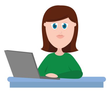 Dizüstü bilgisayar üzerinde çalışan kadın, illüstrasyon, beyaz arka plan üzerinde vektör