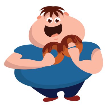 Çörek yiyen şişman çocuk, illüstrasyon, beyaz arka planda vektör.