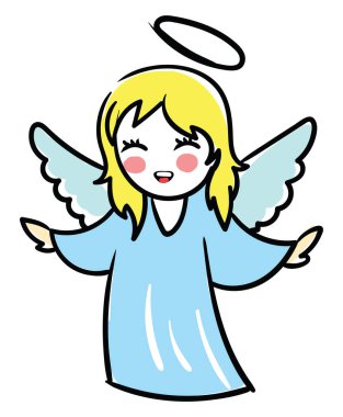 Kanatlı, resimli, beyaz arkaplanda vektör olan mutlu melek.