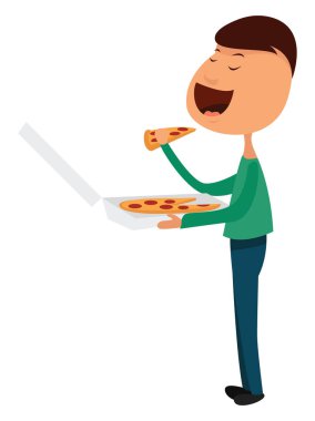 Pizza yiyen adam, illüstrasyon, beyaz arka planda vektör.