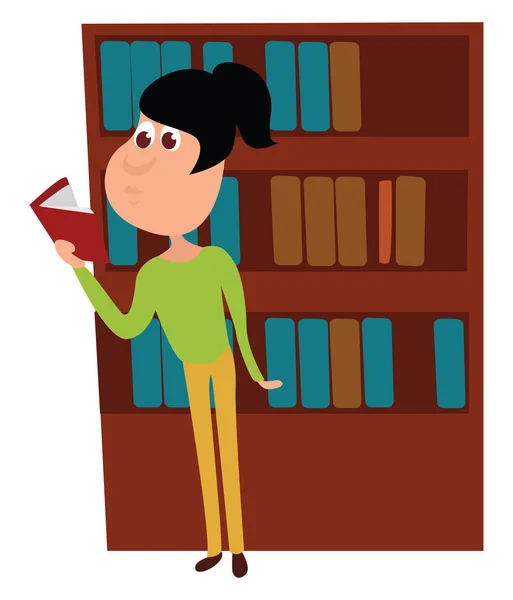 Γυναίκα Ανάγνωση Βιβλίου Στη Βιβλιοθήκη Εικονογράφηση Διάνυσμα Λευκό Φόντο — Διανυσματικό Αρχείο
