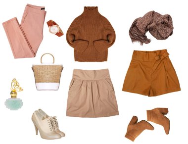 Beyaz arka planda izole kadın giyim kolaj