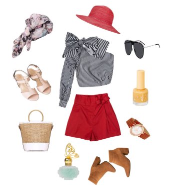 Beyaz arka planda izole kadın giyim kolaj