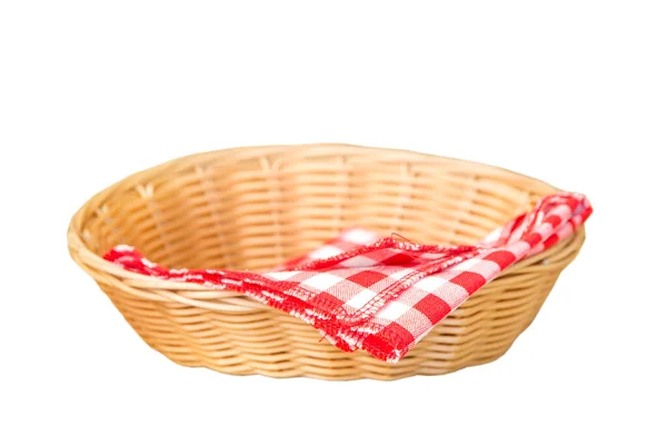 柳条篮 内衬红棉餐巾 白色背景隔离 — 图库照片