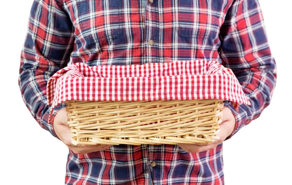 Man Plaid Shirt Wicker Empty Basket His Hands — Stock Photo, Image