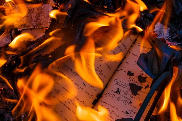 The textbook on higher mathematics, is burned in the fire. — Stock Photo, Image
