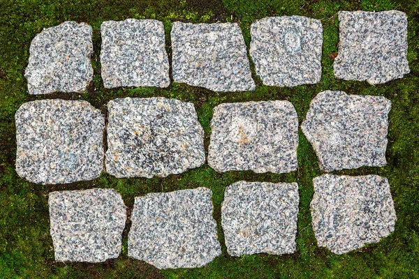 Pedras de pavimentação de granito em um campo verde — Fotografia de Stock
