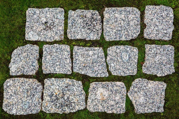 Pedras de pavimentação de granito em um campo verde — Fotografia de Stock