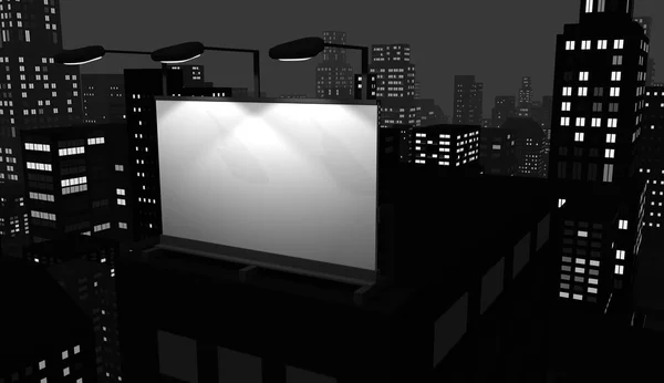 Czarno-białe miasto noc i billboard — Zdjęcie stockowe