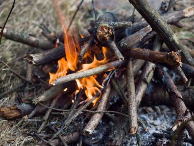 Açık havada küçük bir yangın. Ekran koruyucu Masaüstü için.