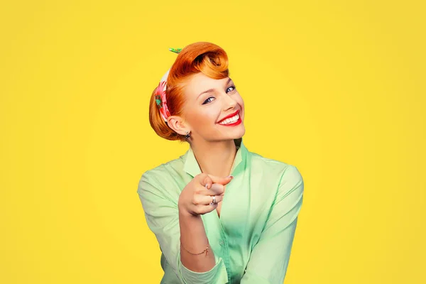 Portrait of a beautiful woman pinup retro style pointing at you smiling laughing — Stock Photo, Image