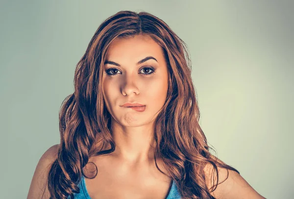 Closeup portrait headshot of sexy beautiful happy young woman biting lips