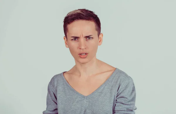 Cabeza disparada mujer perra enojada escépticamente mirándote aislado sobre fondo de pared gris verde claro. Expresión facial humana, lenguaje corporal, actitud, percepción — Foto de Stock