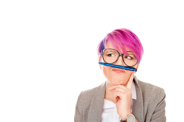 Funny student corporate employee playing holding pen between nose and lips as mustache — Stock Photo, Image