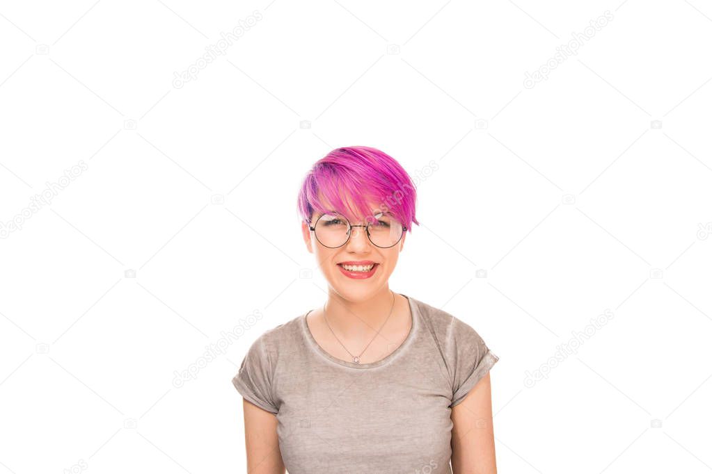 Caucasian female with magenta, pink hair, smiling happy